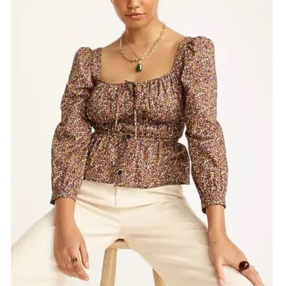 J Crew Beautiful Smocked Square-Neck Cinched Top in Brown Floral. $148 MSRP. EUC